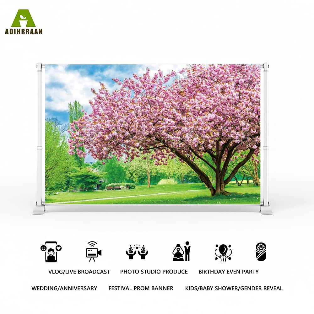 Aoihrraan 3x2m Nature Paysage Toile De Fond Printemps Cerise Fleur Arbres Pelouse Verte Gazon Ensoleillement Paysage Photographie Mariage Fête Mère Femme Dame Filles Portrait Studio Photo Vinyle