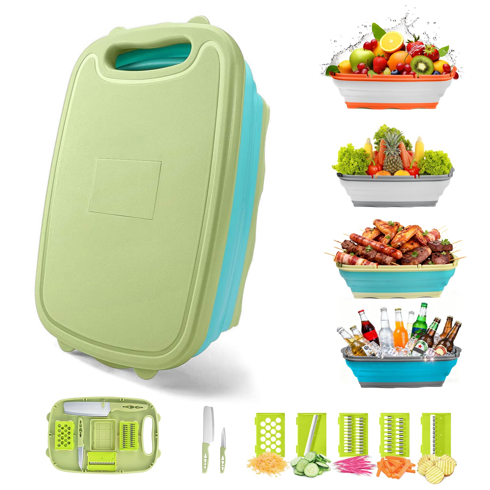 Gintan Camping Cutting Board, 9-in-1 Collapsible Chopping Board with Colander, Kitchen Vegetable Washing Basket for Camping, Camping Gifts Camping essentials for RV Campers (Blue Green)