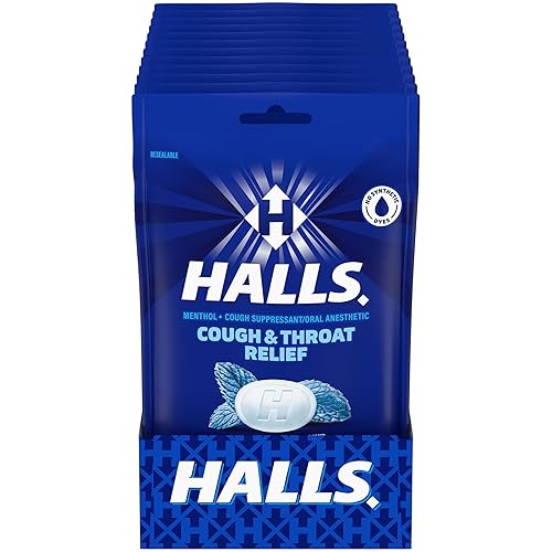 Halls Gotas para la tos y la garganta para aliviar la tos y la garganta, 12 bolsas de 30 (360 gotas en total)