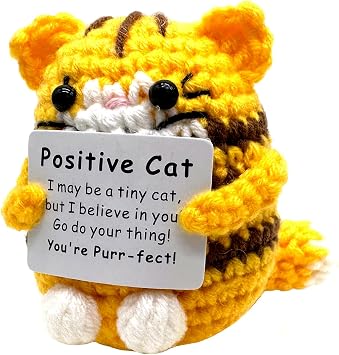 Wanty Positive Cat, Knitted Emotional Support Animal, Handmade Crochet Cats with Positive Cards, Cute Funny Motivational Gifts for Friends/Family, Home & Office Decor Yellow