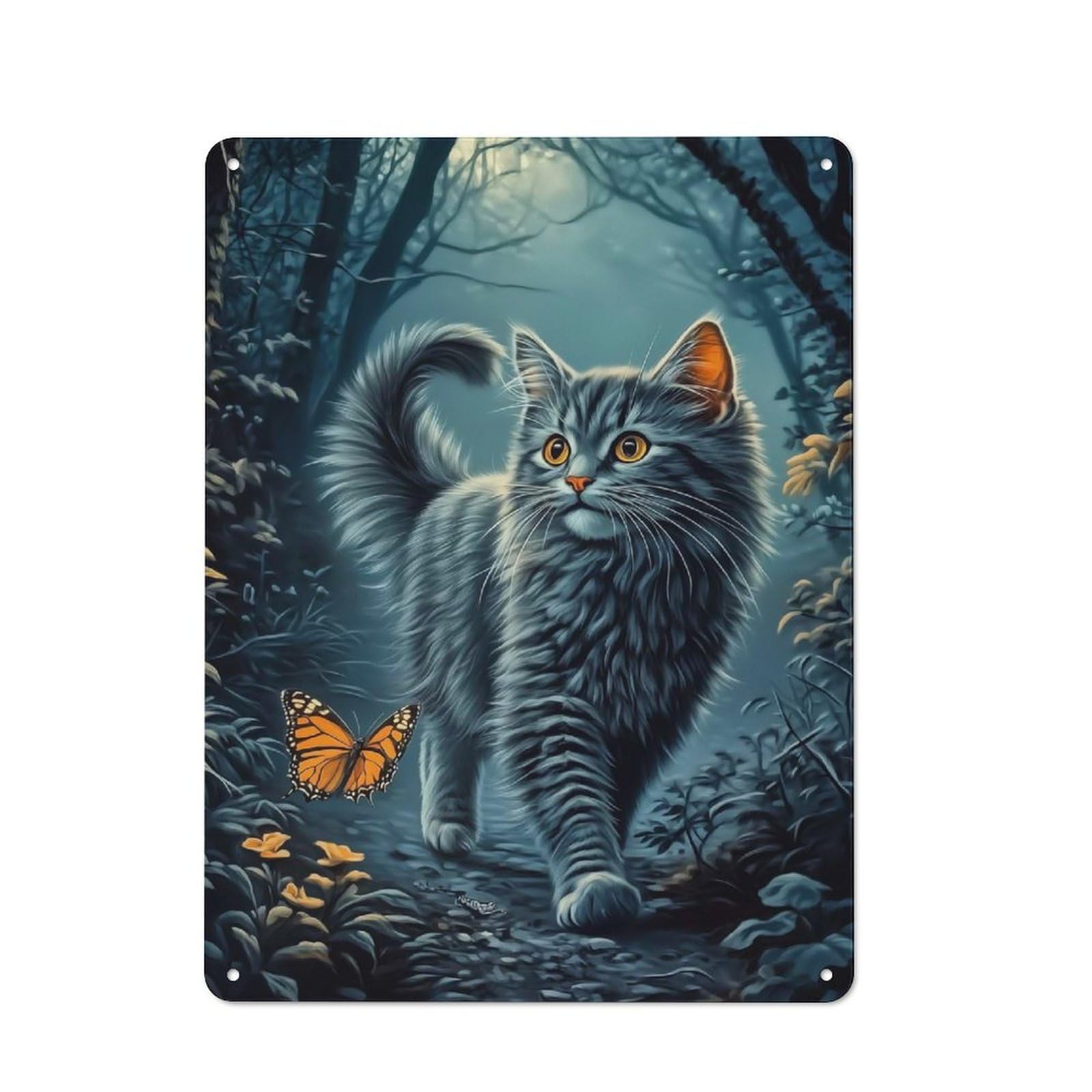 Junmoney Style-23 British Shorthair Cat And Butterfly In Forest Industrial Metal Wall Decor 40X30cm, Metal Wall Sign For Tool Room, Garage, Studio Or Home Bar
