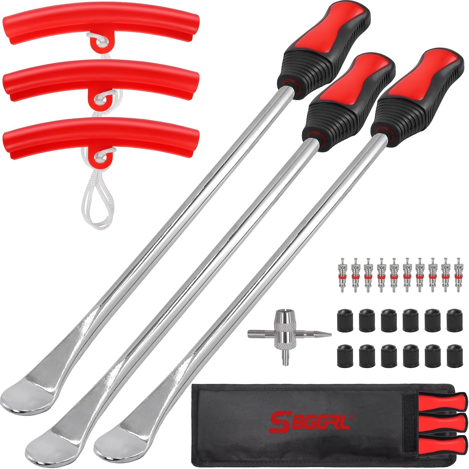 14.5" Tire Spoons Tool Set for Motorcycles Dirt Bike Lawn Mowers Iron Installation,3 Pcs Tire Bar Removal Mounting 10 Pcs Valve Cores,Rim Protector,Valve Changer Kit