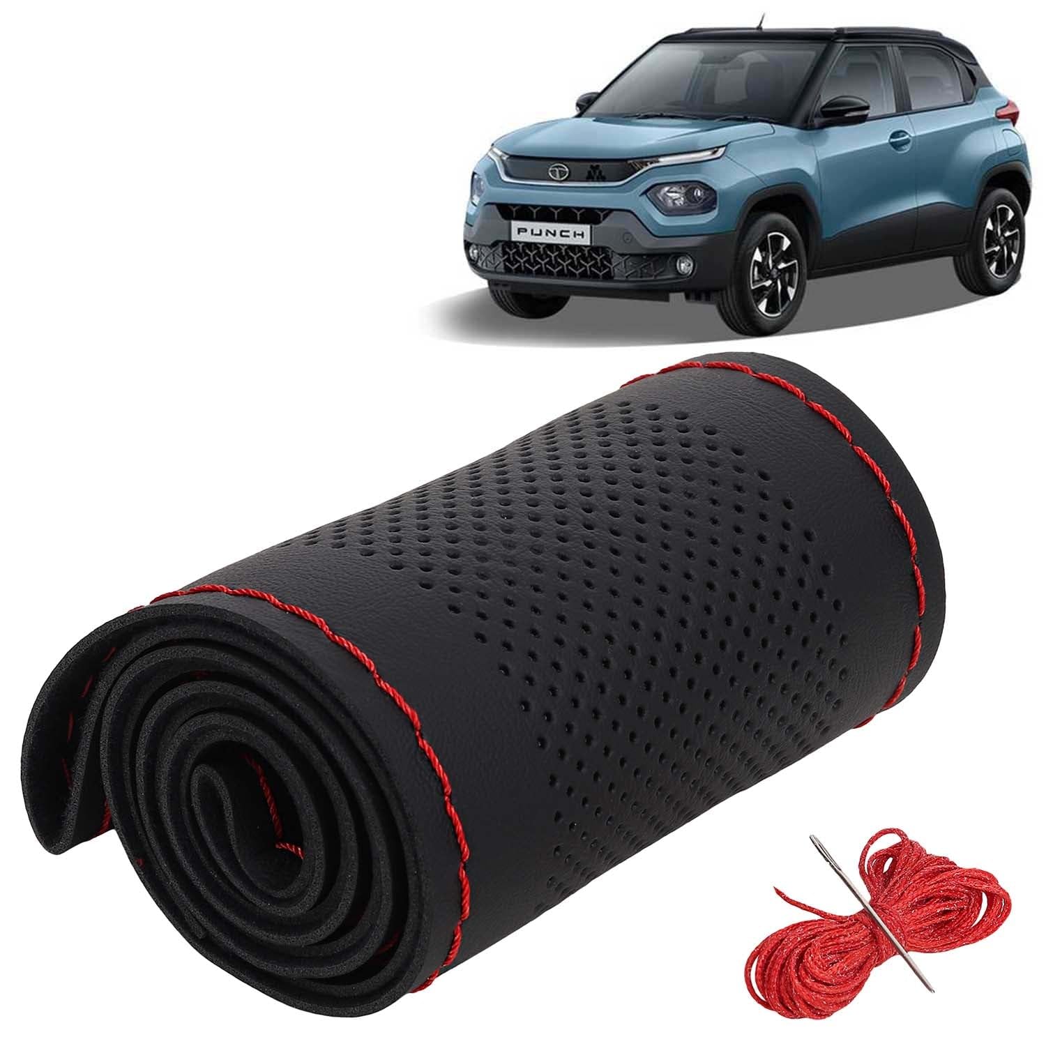 KINGSWAY® PU Leatherite Car Steering Cover Sewable Compatible with Tata Punch (Year 2021 Onwards), Black Color with Red Thread, Pack of 1 with Sewing Needle and Thread-image-37