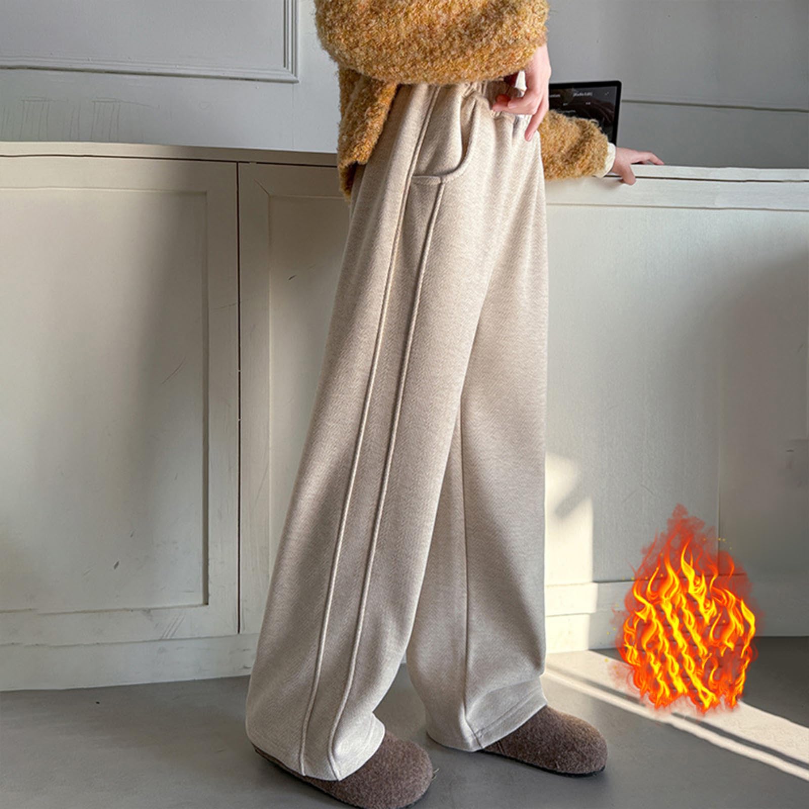 Generisch Pantalon d'hiver pour fille - Doublure moelleuse - Jambes larges - Coupe droite - Renforcé - Chaud - Automne - Hiver - Pantalon de loisirs - Doux et élastique - Couleur unie - Confortable au