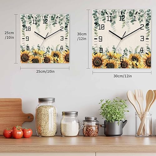 Miniatura 6 de Sunflower Eucalyptus Leaves Wooden Wall Clock Silent Non Ticking, Country Floral Botanical Linen Texture Square Wall Clock Battery Operated, Decor