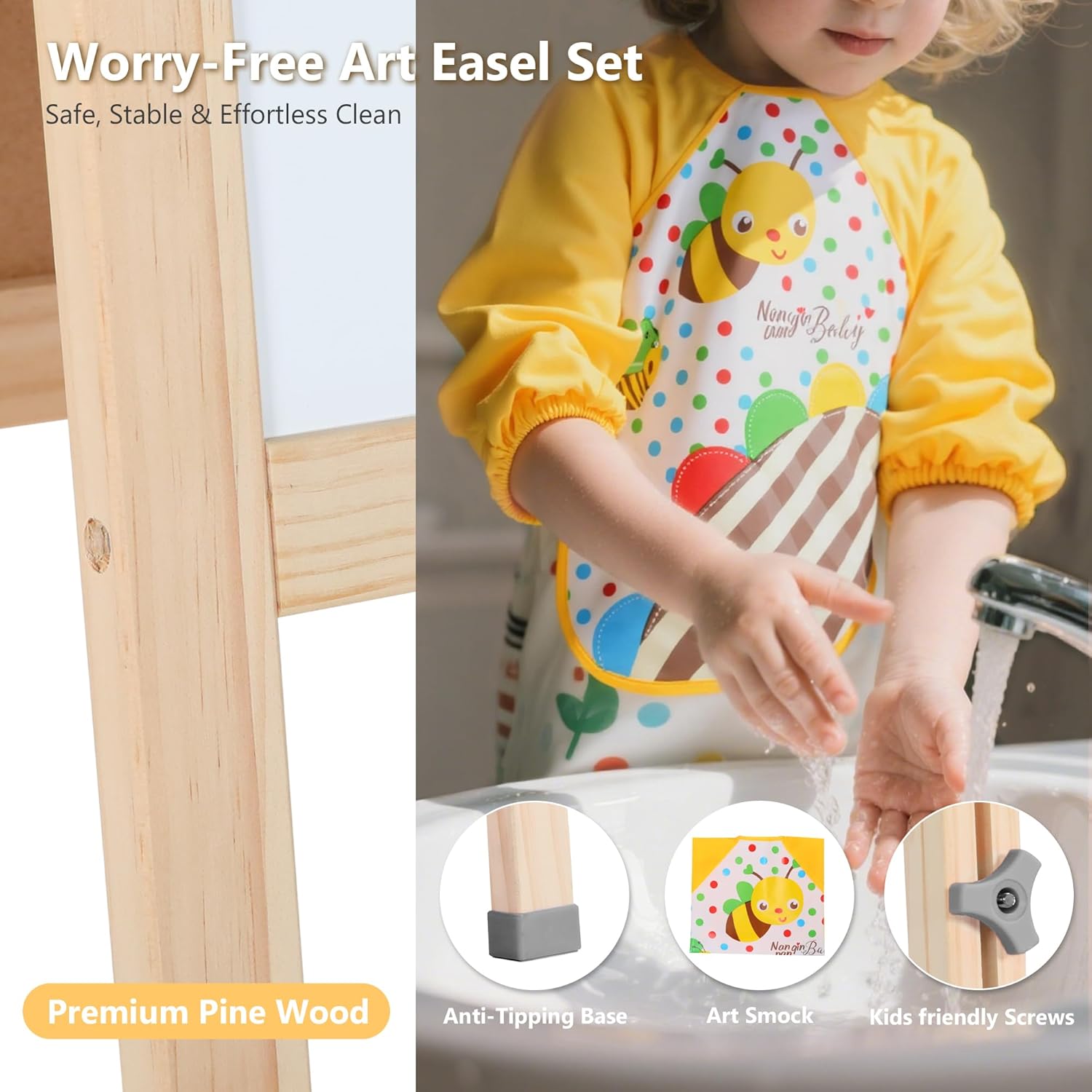 Kinder King 3 in 1 Wooden Kids Easel, Adjustable Art Easel for Kids, Double-Sided Magnetic Whiteboard & Chalkboard, Paper Roller, Art Supplies, Coloring Drawing Easel Toddler Gift Ages 3+, Grey
