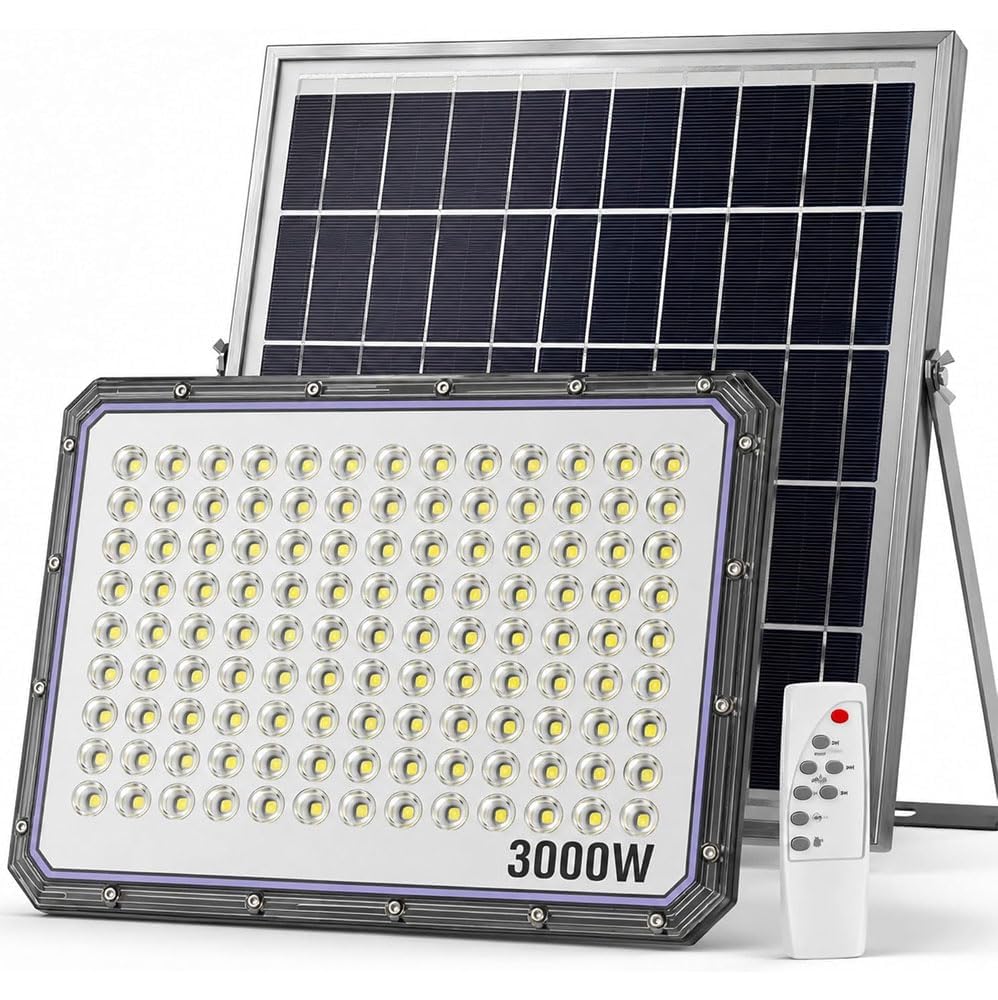 081 Store - 1 PEZZO Luci Solari da Esterno 3000W, Faretto LED da Esterno Solare 224 LED con Pannello Solare, Faretti Solari a LED da Esterno IP66, Telecomando, Luce Bianca 6500K