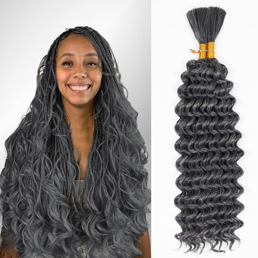 Deep Wave Bulk Hair for Braiding 20 Inch 2 Bundles 150g Curly Braiding Hair for Boho Braids No Weft Wet and Wavy Braiding Hair Extensions (#1B/grey,
