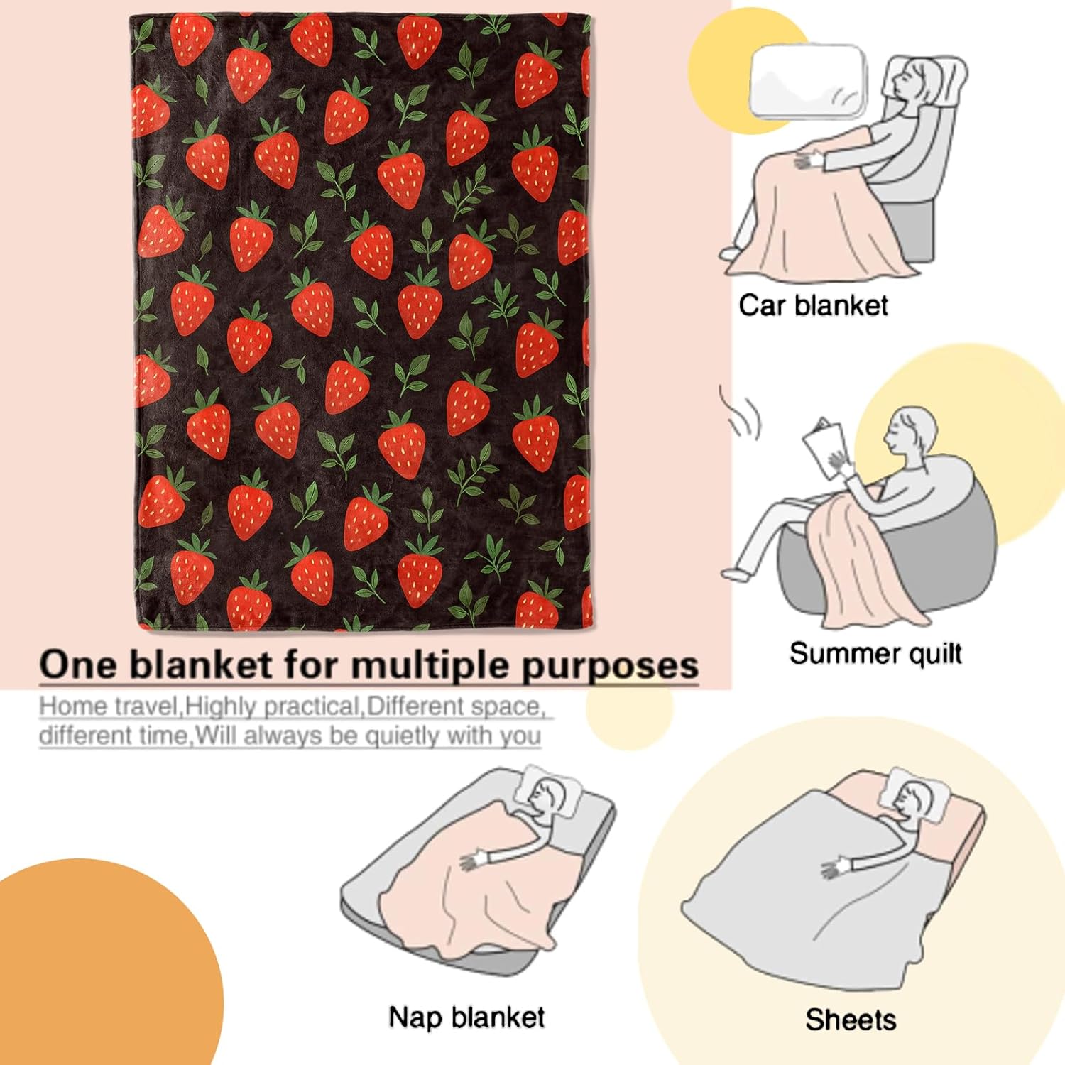 Strawberry Blanket Sweet Red Fruit and Leaf on Black Background Throw Blankets Lightweight Flannel Throws for Camping Couch Chair Office Bed Home Decor Gifts for Adults,60x50inch - Image 3