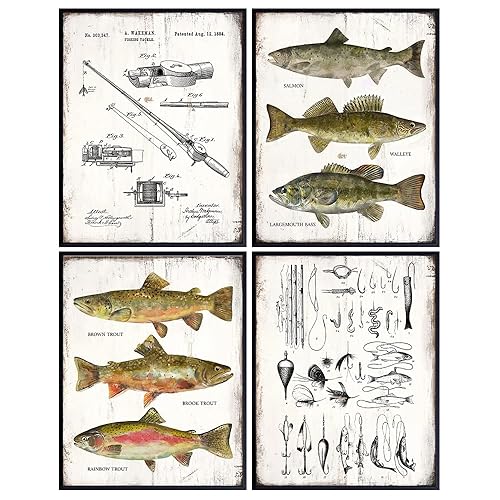 Fishing Accessories Patent Print, Rod, Reel, Lures Wall Art Set - Lake or Mountain House Decor for the Home - Rustic Vintage Bass, Trout, Freshwater