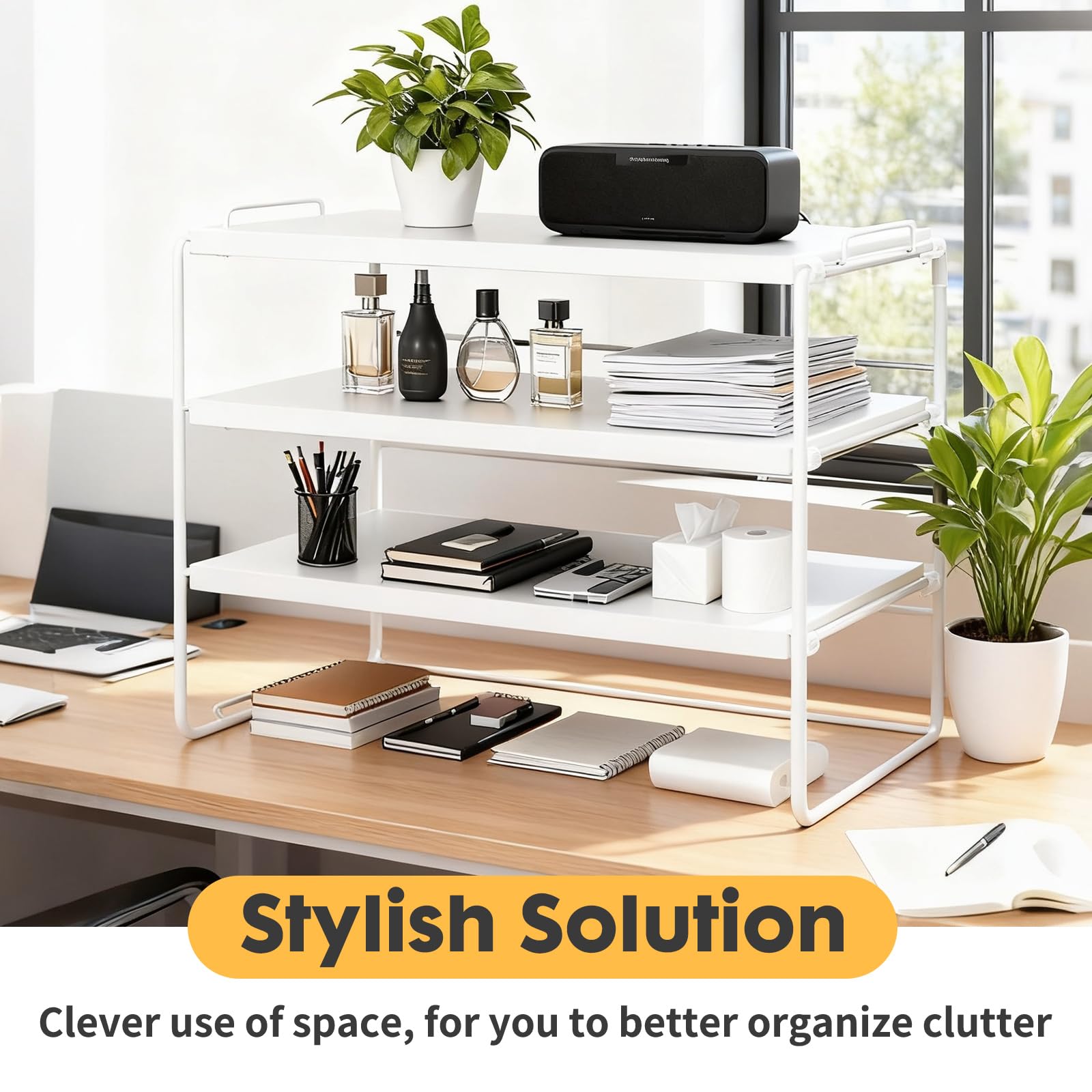 powerking Desk Shelf Organiser, Desktop Display Shelf for Figures, Adjustable Bookshelf Storage Rack and Office Cubicle Decor for Tabletop, Office, Dorm (White, 3 Tier)