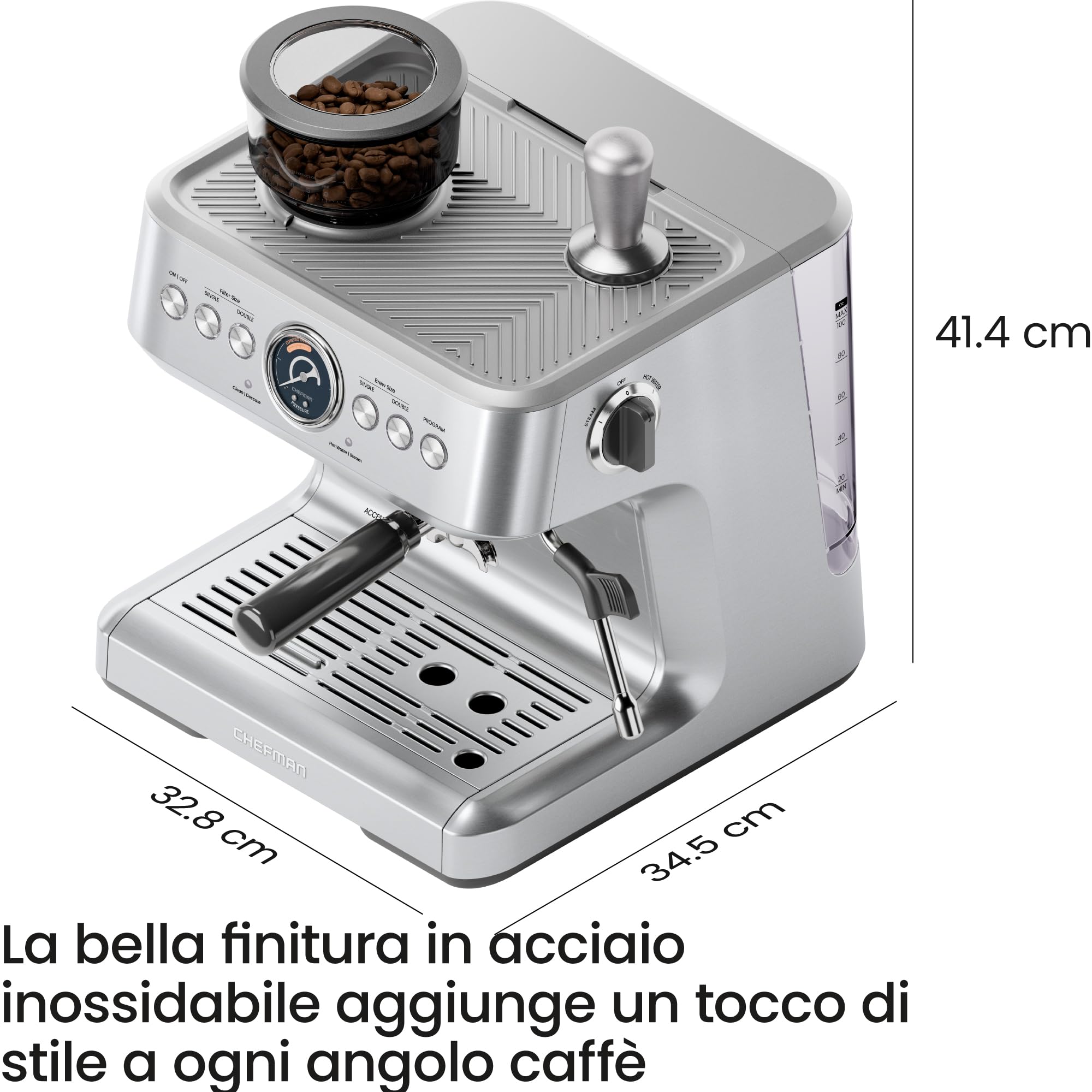 Chefman Crema Supreme Macchina per Espresso 15 Bar con Macinacaffè | Montalatte, canna del vapore Barista, 30 impostazioni di macinazione, serbatoio 3L rimovibile