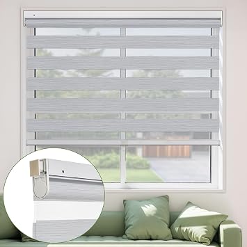 MiLin No Tools Cordless Zebra Blinds No Drill Blackout Zebra Windows Shades Dual Layer Roller Shades Thermal Insulated Zebra Blinds for Windows - Silver Gery Custom Size