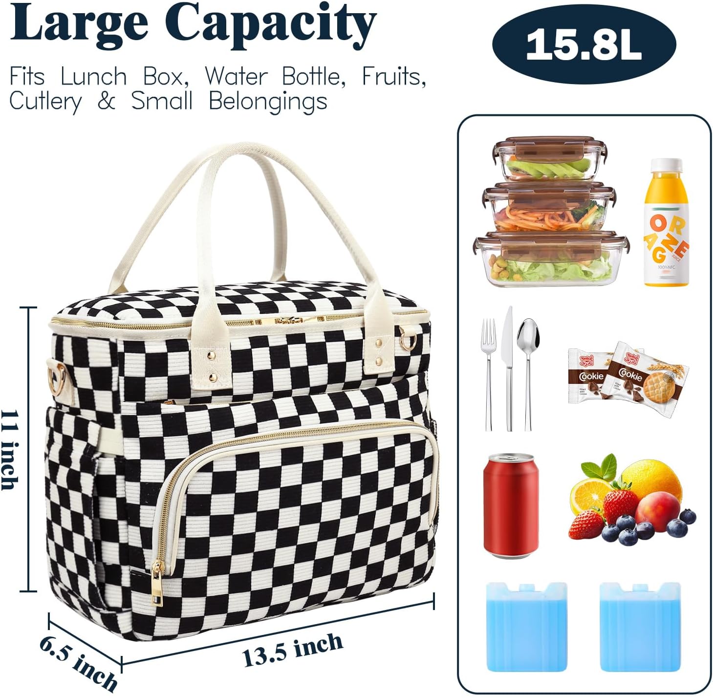 GYEUKHAM Insulated Lunch Bag for Women Men,Extra Large Lunch Box, Leakproof Reusable Cooler Tote for Adult, Everyday Soft Lunch Tote Bag for Work College Picnic Travel,C-Black Checkered image 3