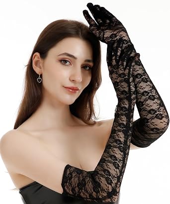 Womens Sexy Sheer Gloves, Elegant Tea Party Gloves, Long Lace Mittens for Dress Cocktail Opera Parties