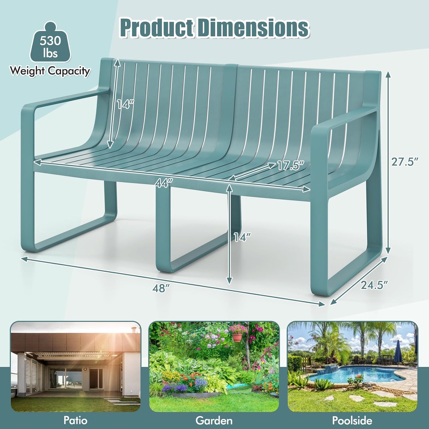 Tangkula Patio Loveseat, Weather-Resistant Plastic 2-Person Bench with Curved Backrest, Outdoor Conversation Furniture with Slatted Design for Patio, Poolside, Backyard, Garden, Deck, Lawn (Blue)