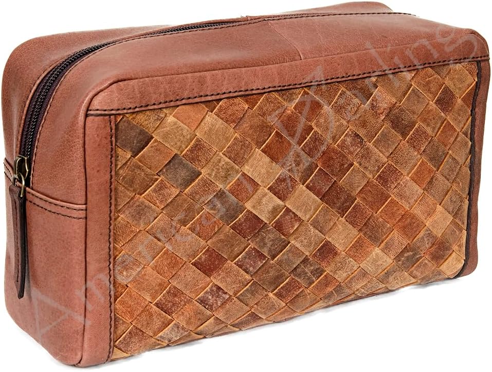 American Darling Toiletry Bag Handcrafted Basket Weave Genuine Vegetable Tanned Full Grain Leather 6.5in X 10.25in X 3in