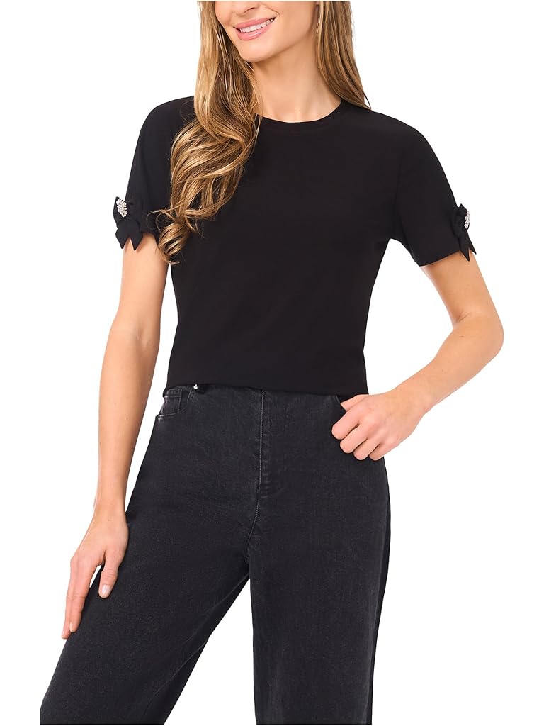 Black CeCe Short Sleeve Bow Sleeve Knit Top
