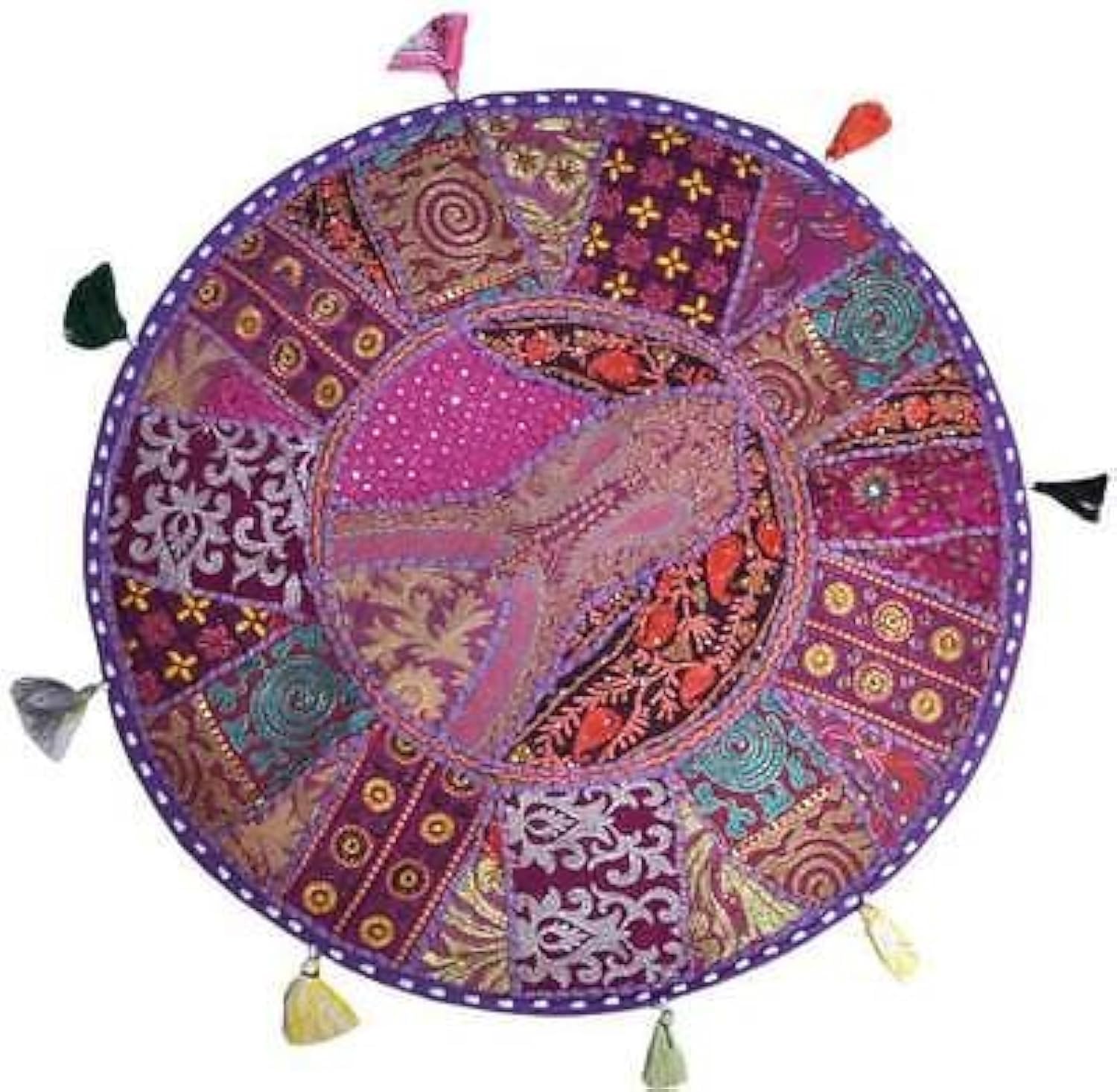 Sophia Art Round Floor Pillow Cushion Patchwork Pouf Ottoman Vintage Indian Foot Stool Bean Bag Floor Pillow Cover Home Decor Living Room Ottoman Bohemain Pillows (Purple, 40 Inch)