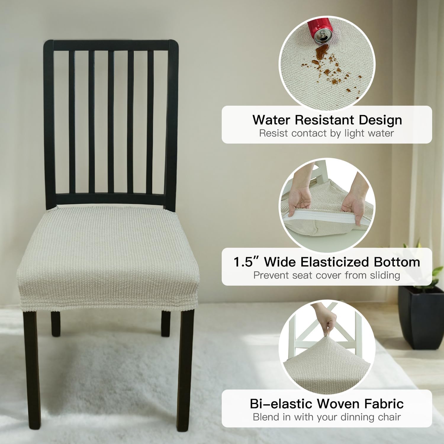 Stretch Dining Chairs Seat Covers, Waterproof Elastic Slip Covers, Woven Linen Chair Covers with Extra Rear Cover, Removable Washable Seat Covers for Armless Kitchen Chairs (Light Gray, 2 PCS)