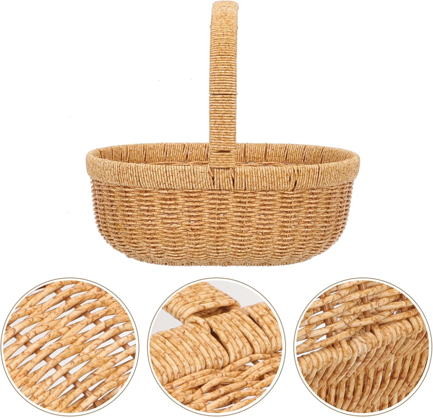 TEHAUX Plastic Imitation Rattan Handheld Picnic Basket Multipurpose Outdoor Storage Basket Small Two-Tone Lightweight Grocery Shopping for Camping