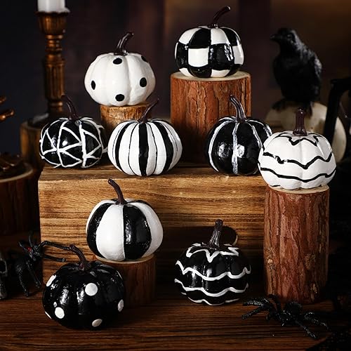 Leinuosen 9 piezas de decoración de calabaza de Halloween para interiores, decoración de calabazas artificiales de búfalo blanco y negro, adornos de