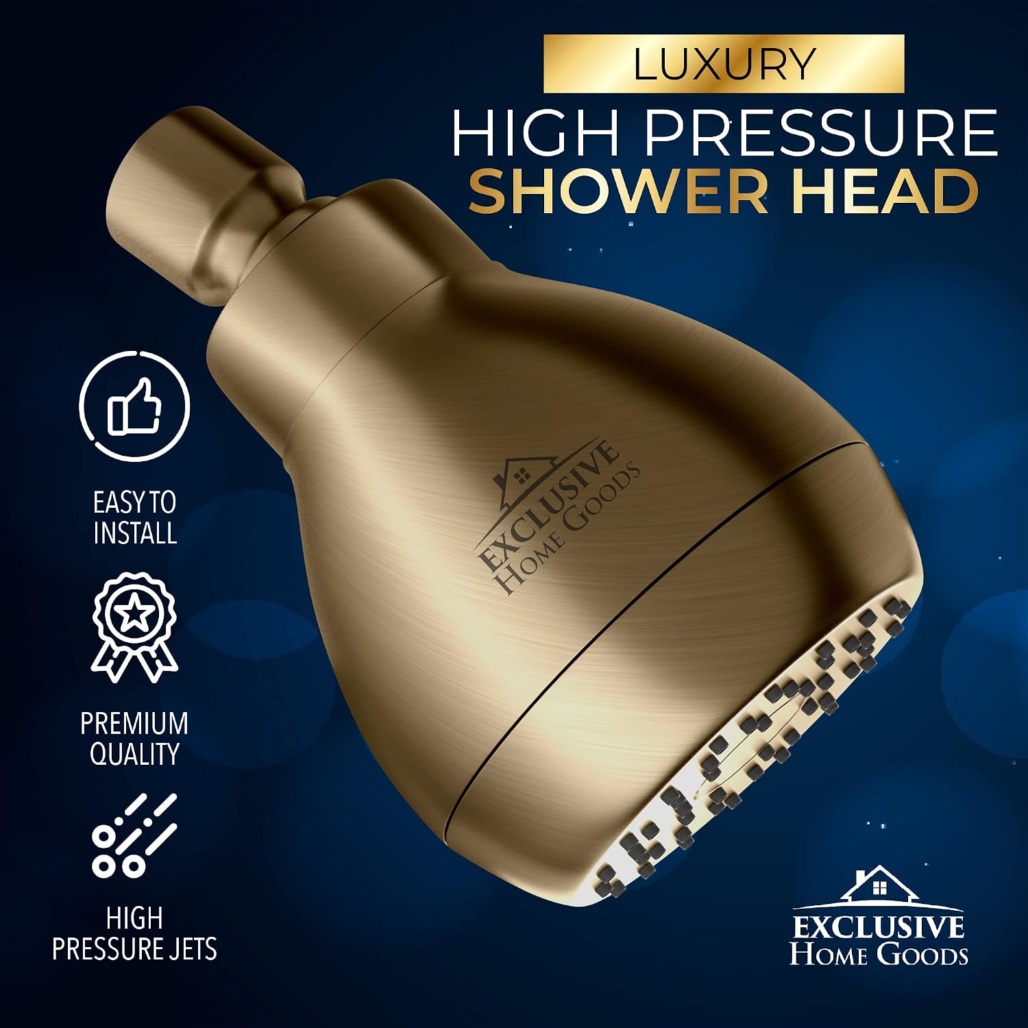 High Pressure Shower Head - Powerful Deluxe Bathroom Showerhead with Strong Spray Stream and Small Silicone Nozzles - Universal Fit Works with High and Low Water Flow Showers (Brushed Gold)-2.5 GPM