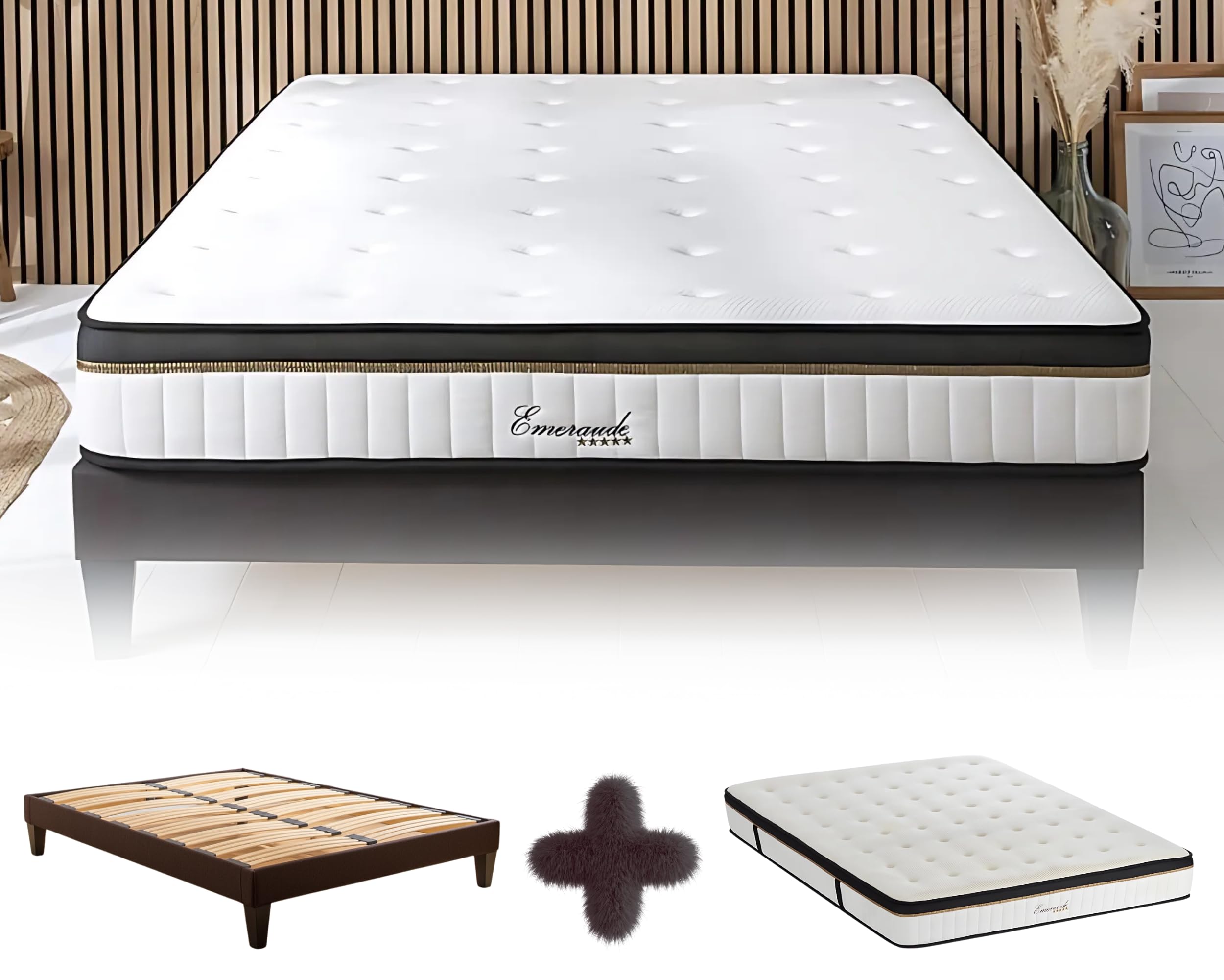 Maison Aubertin - Ensemble Matelas Sommier Emeraude 180x200, Ép 54, à Mémoire de Forme Haute Densité 60 kg/m³, Mousse à Cellules Ouvertes, Lit en Bois Massif, 2 Personnes