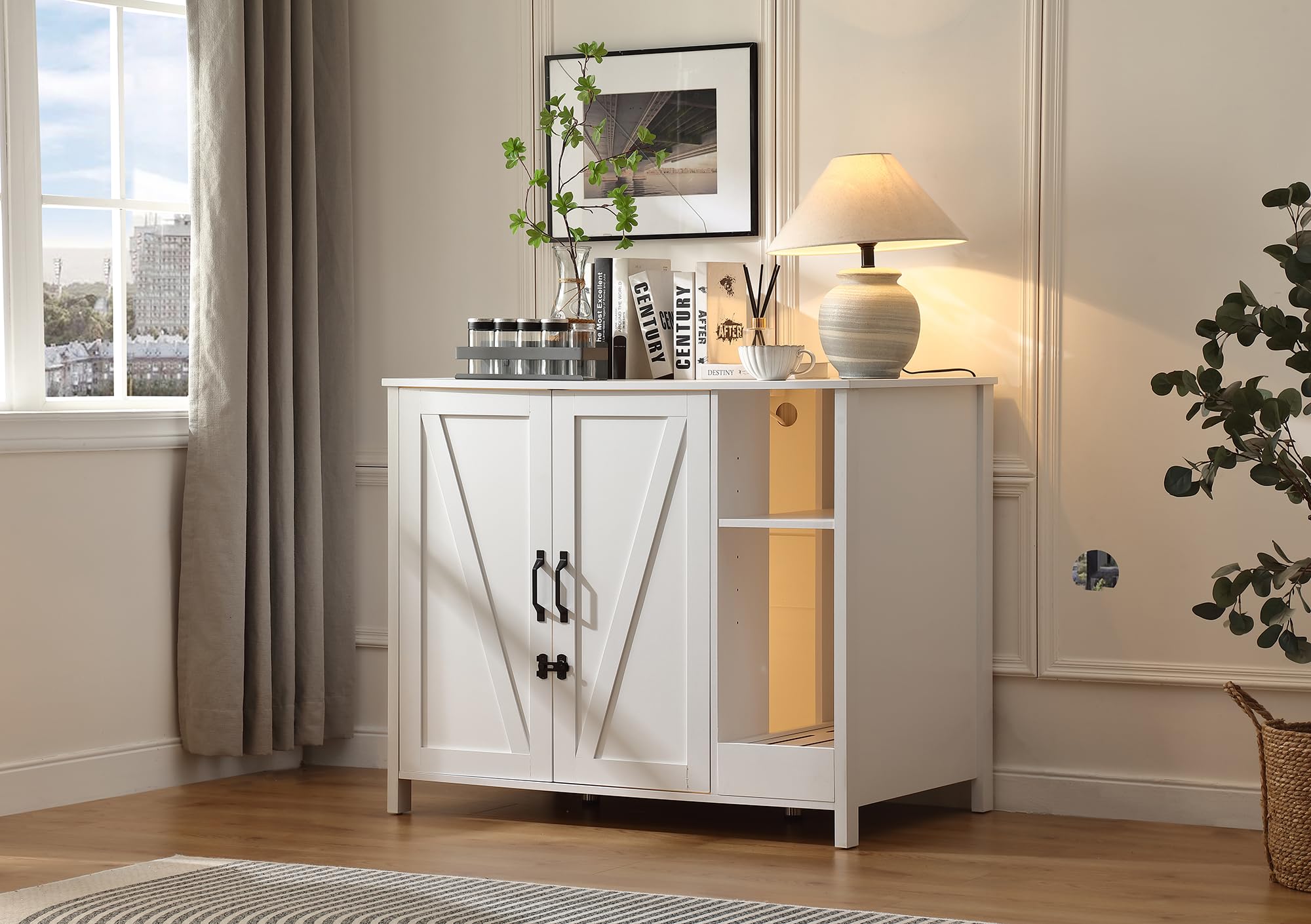 large cat litter enclosure with litter collector,enclosure for self-cleaning litter boxes,adjustable shelf for dog proof,outlet,locks added for cat,cat washroom cabinet,cloud white