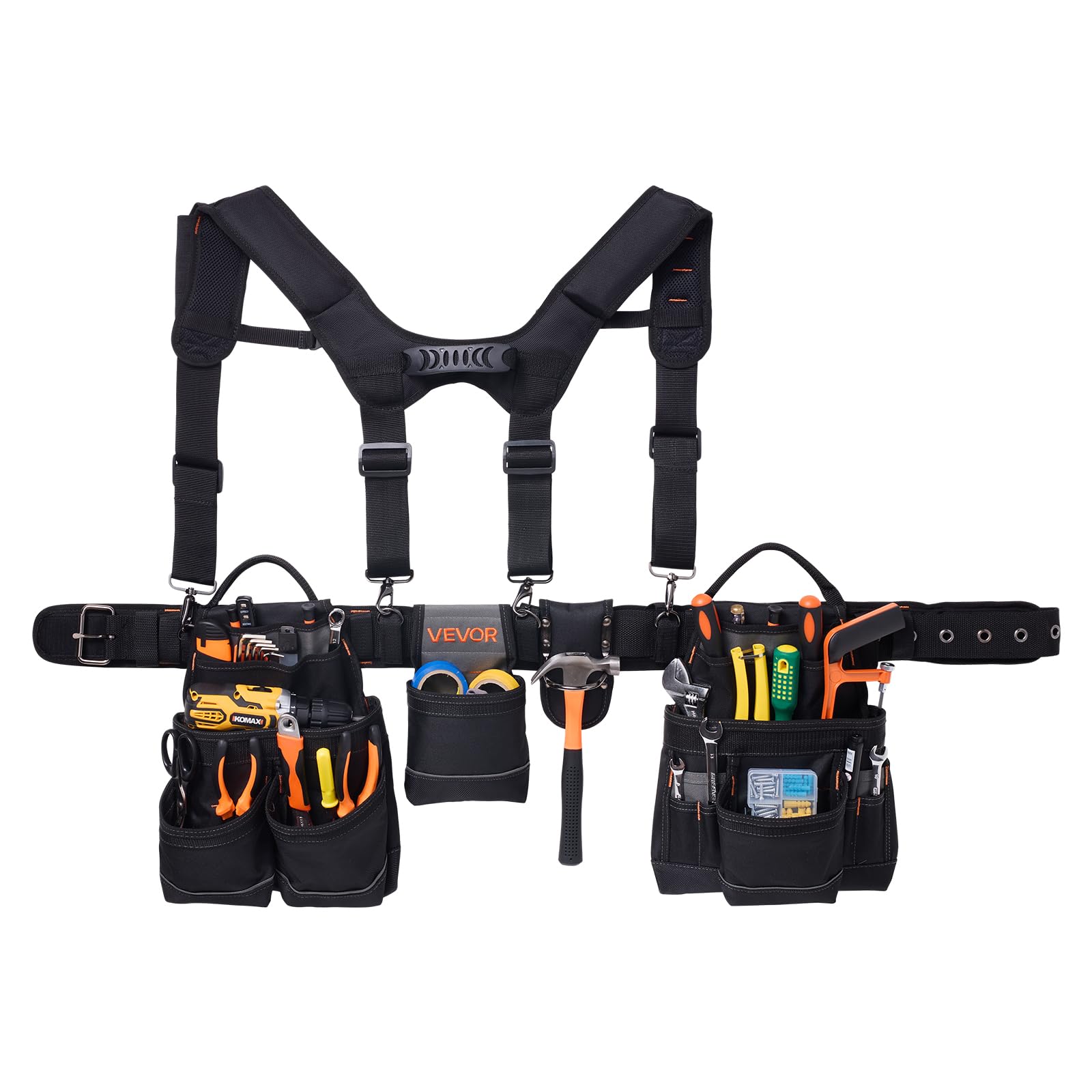 VEVOR Cintura Porta Attrezzi da Lavoro con 19 Tasche e Bretelle, Cintura Portautensili Regolabile da 80-131 cm, Supporto di Sospensione Staccabile per Elettricisti, Carpentieri, Edilizia