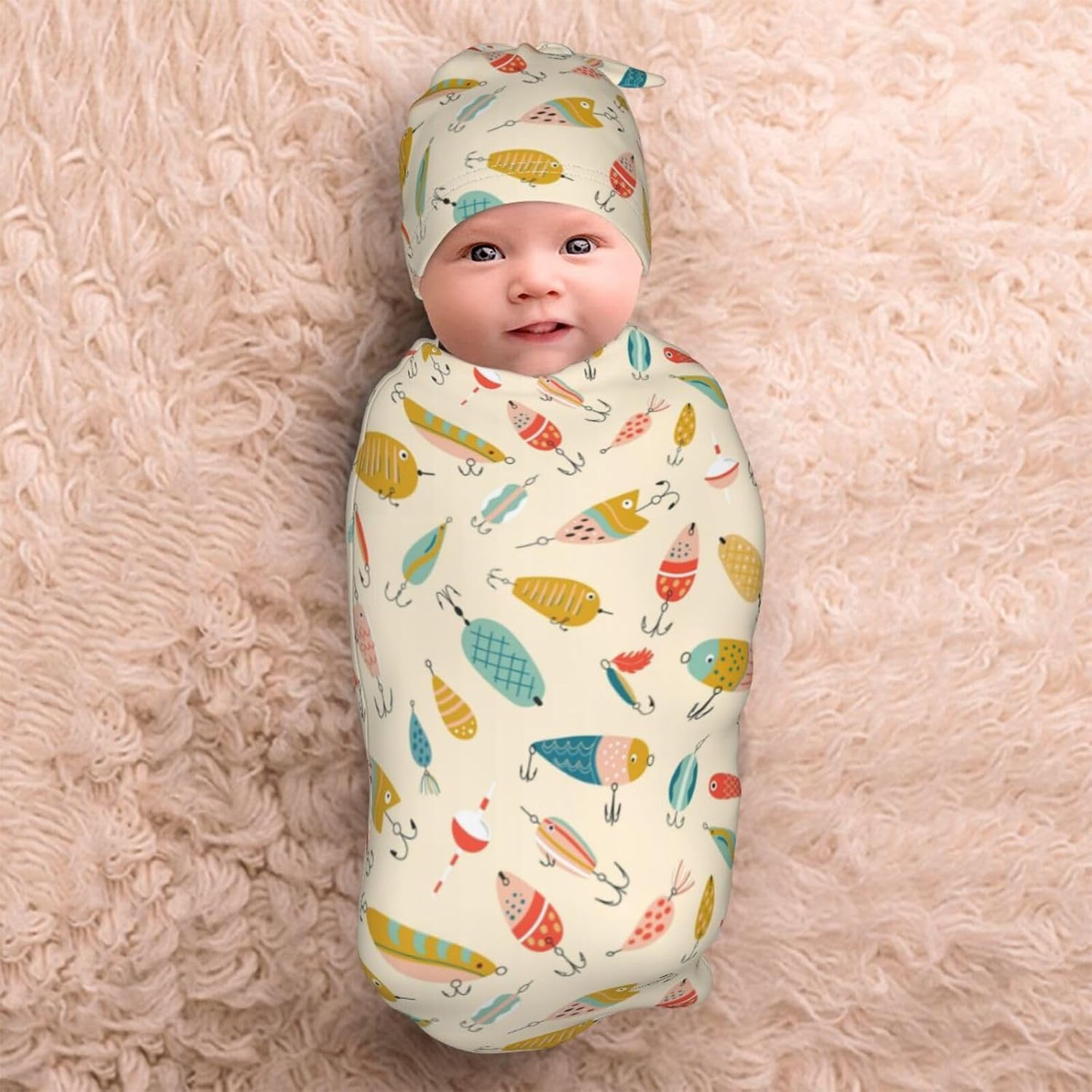 Fishing Baby Stuff Swaddle Blanket with Headband and Beanie Set, Soft Fisher Newborn Receiving Blanket Outfit Infant Shower Gift for Boys Girls