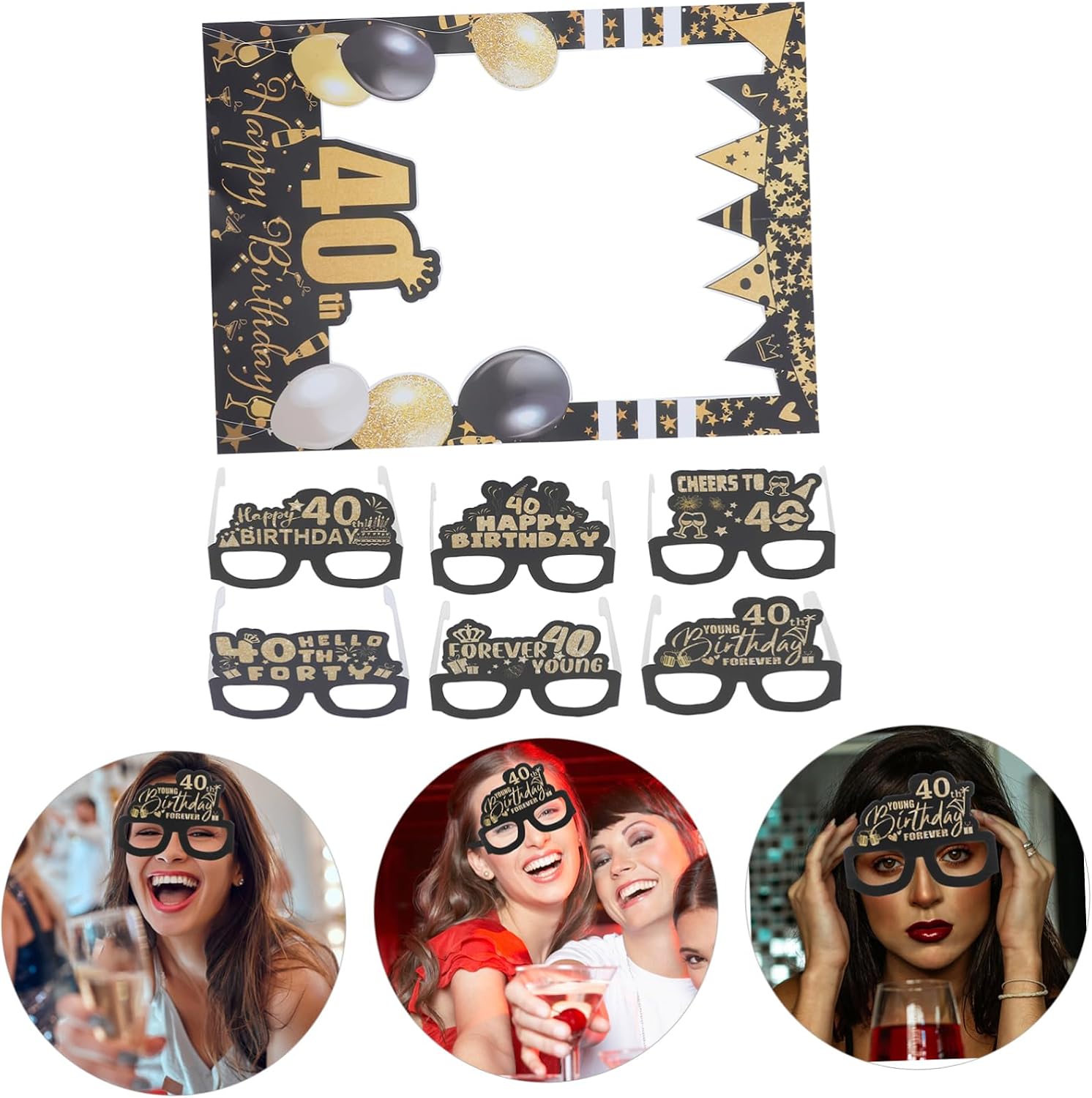 SHOWERORO 1Set Glitter Birthday Photo Frame with Paper Glasses Fun Props for Happy Birthday Party Decorations Cardboard for Memorable Photo Booth Moments