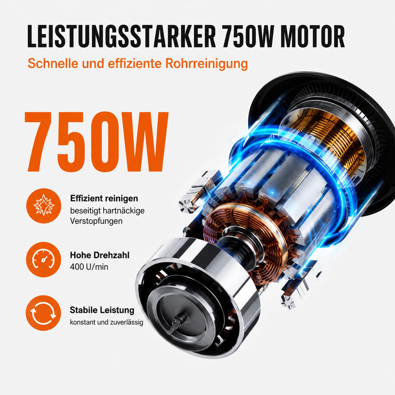 750W Rohrreinigungsmaschine Elektrisch mit Integriertem Leckageschutz