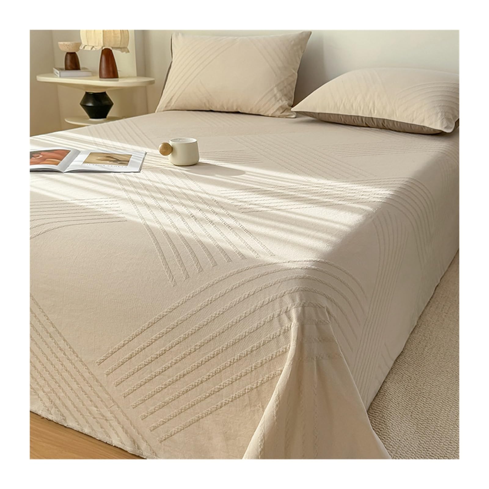 GBHMJU 100% Cotton Thick Flat Sheet Twin Full Queen Jacquard Machine Washable Breathable Top Sheet(Khaki H,230x250cm)
