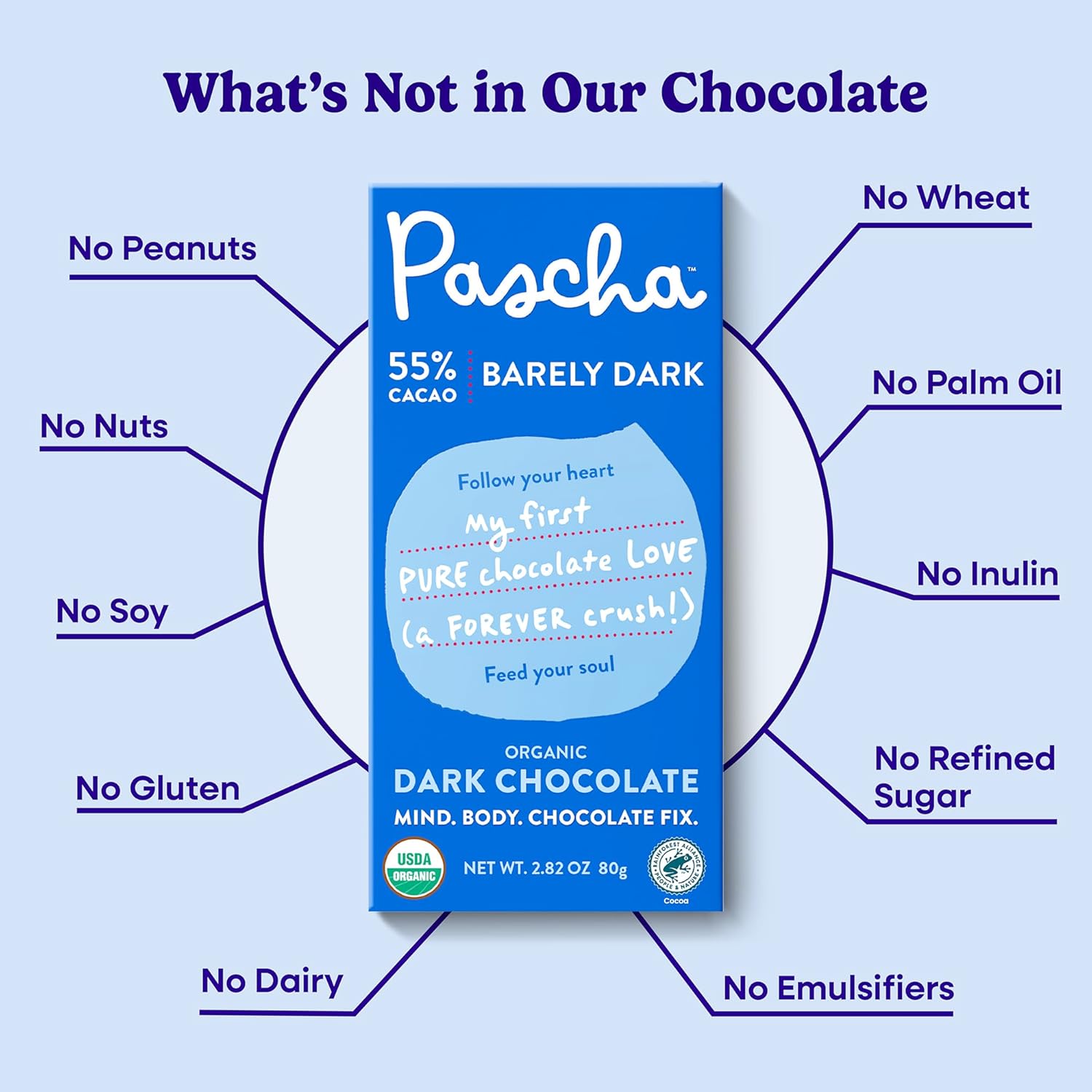 Pascha Organic Dark Chocolate Bars 55% Cacao, Gluten Free & Non GMO, 2.8 oz, Pack of 10