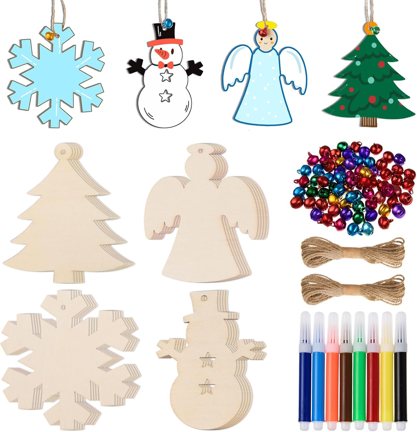 AWIZOM 72 Pcs Unfinished Christmas Wooden Ornaments Christmas Tree Snowman Angel Snowflake Wooden Cutouts Blank Wood Christmas Slices with Twine, Bells, Pens for DIY Xmas Holiday Tags Crafts,4 Style