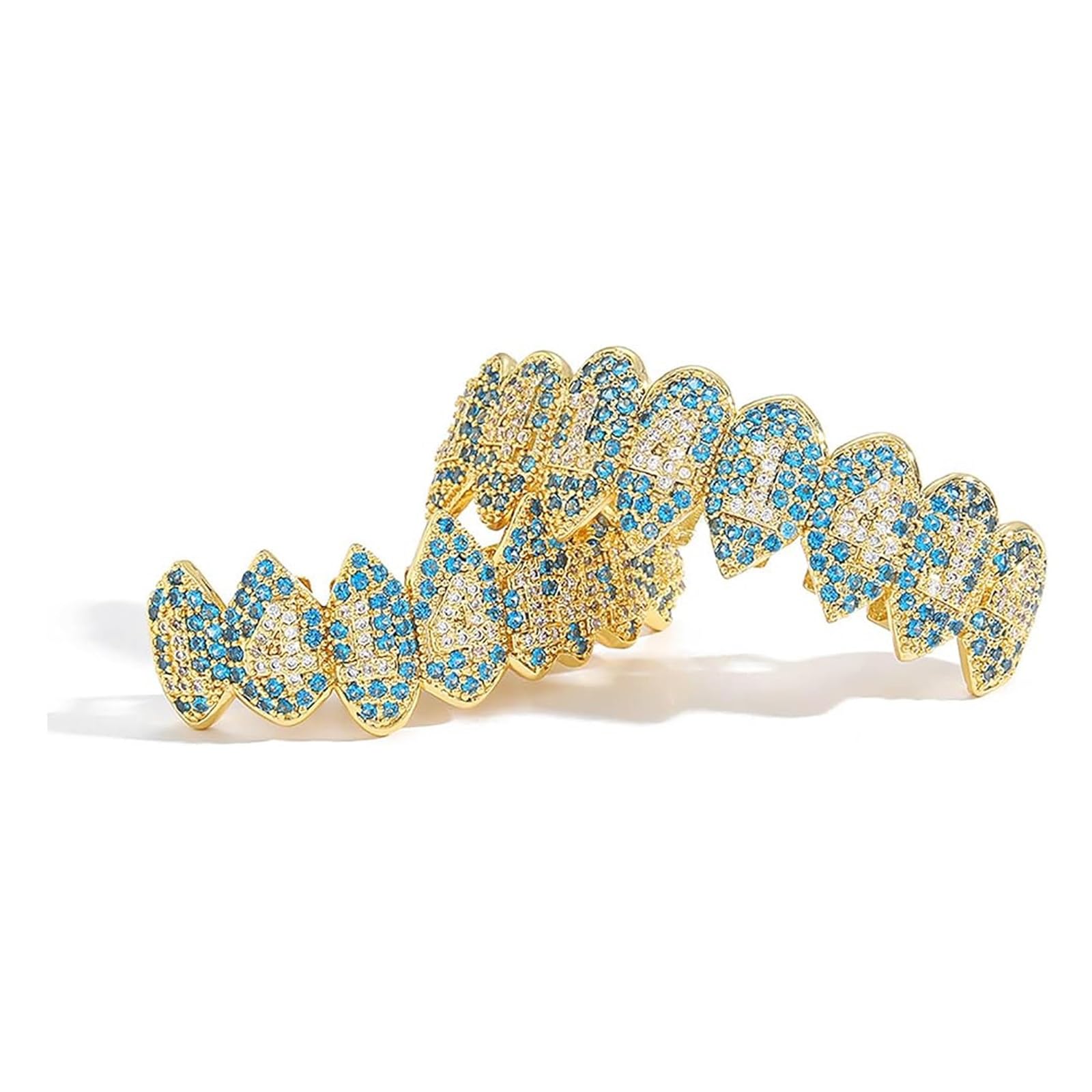Grillz Hip Hop Placcati Oro con Strass CZ Blu & Bianco - Set di Dentari Superiori & Inferiori Regolabili Brillanti per Feste & Spettacoli