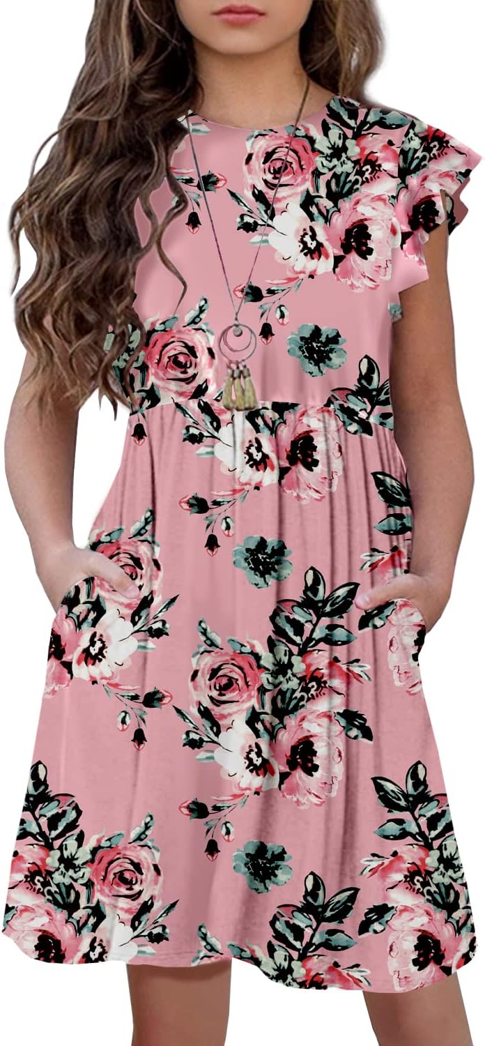 HOSIKA Girls Floral Dress Boho Ruffle Sleeve Pleated Casual Swing Dresses with Pockets for Kids 6-12 Years