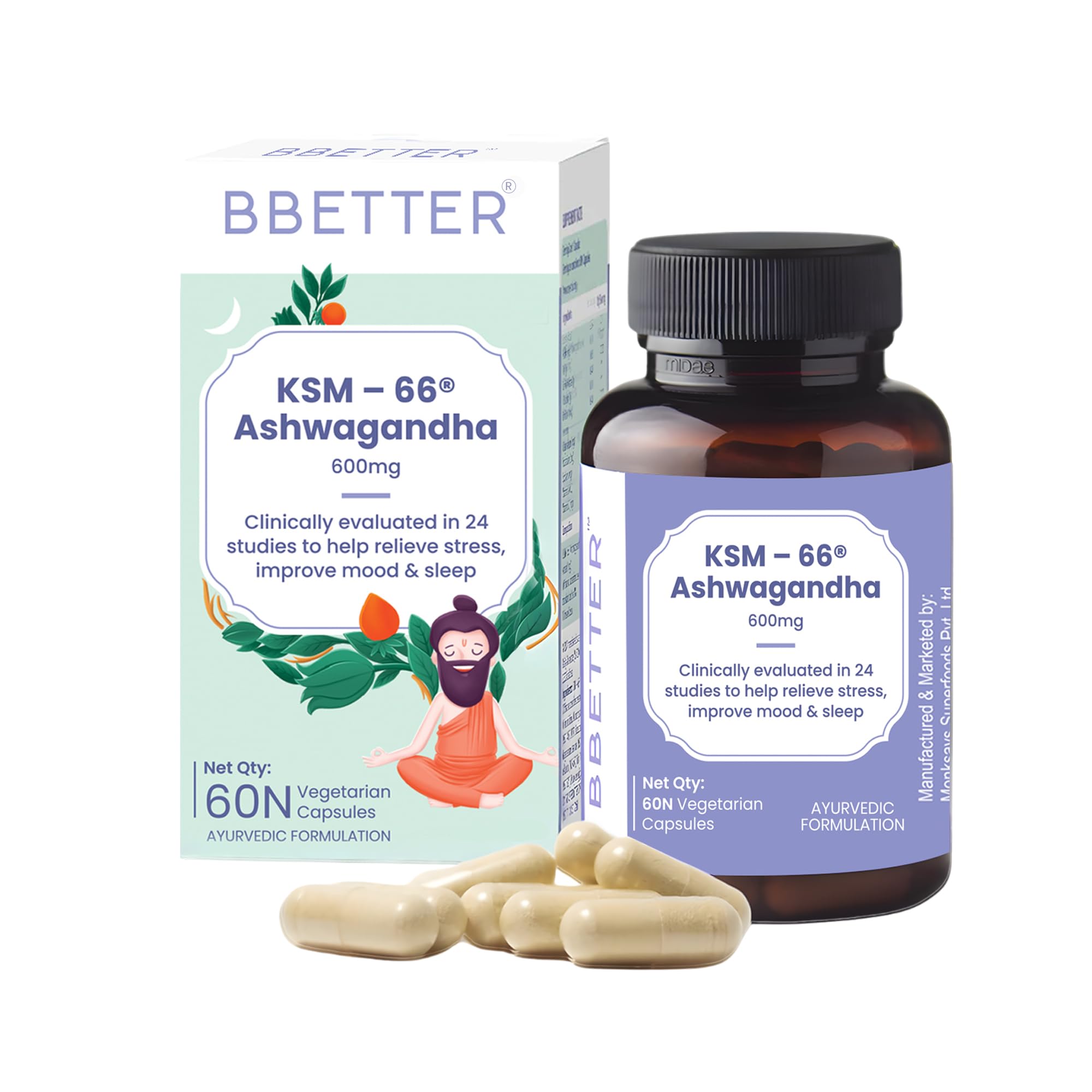 BBETTER KSM-66 Ashwagandha Capsules 600mg | Lab Tested | Lab Report Attached | Ashvagandha Tablet For Stress, Sleep Management & Anxiety Relief | Rejuvenates Mind & Body | 60 Veg aswagandha Capsules