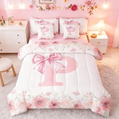 Erosebridal Initial Letter P Bow Bedding Sets for Kids Girls, Pink Girly Bowknot