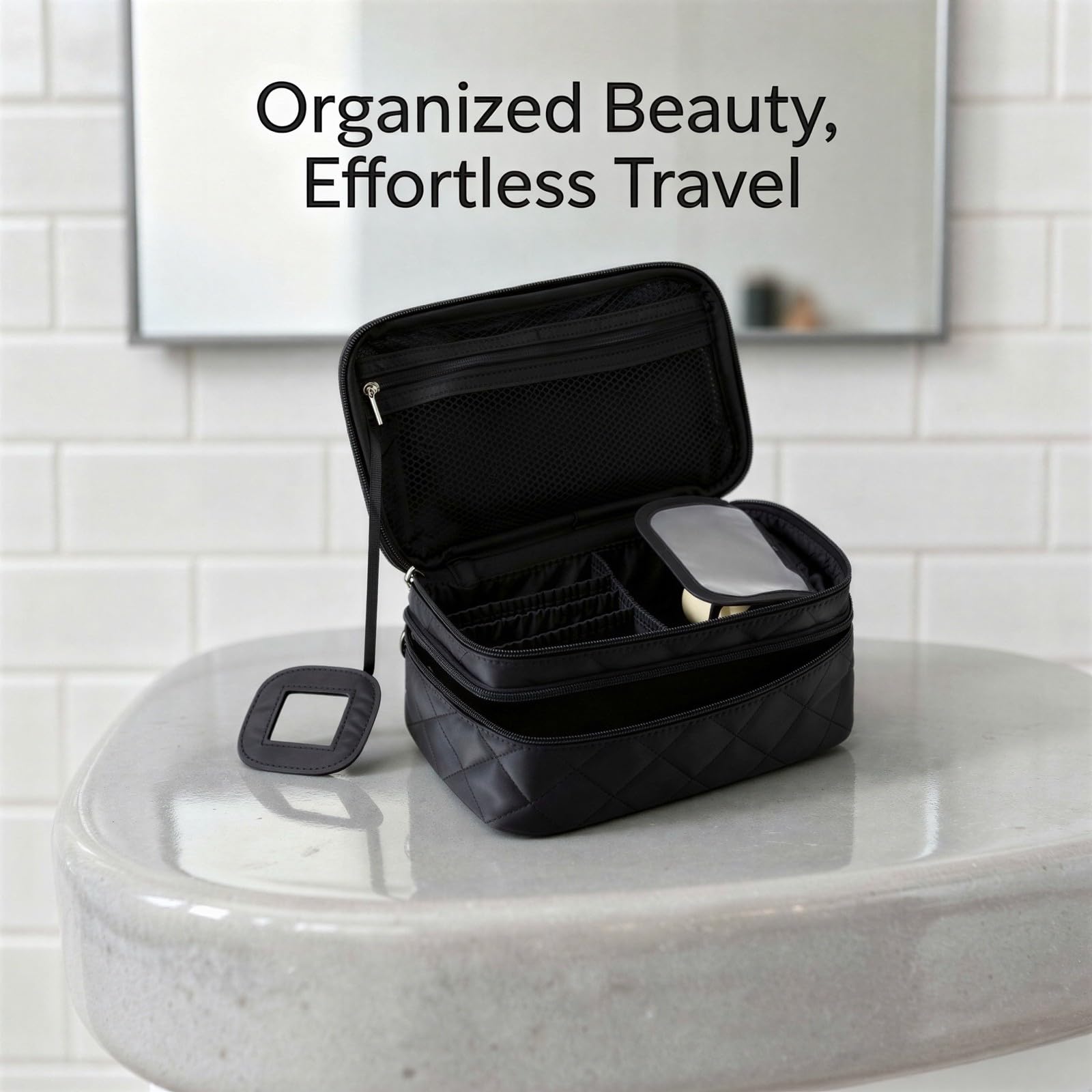 Kosmetiktasche mit Steppung, doppellagige Nylon Make-up Tasche mit Spiegel, wasserfeste Reise-Kosmetiktasche für Pinsel und Pflegeartikel, Hand-Organizer für Urlaub, Business und Training, Schwarz