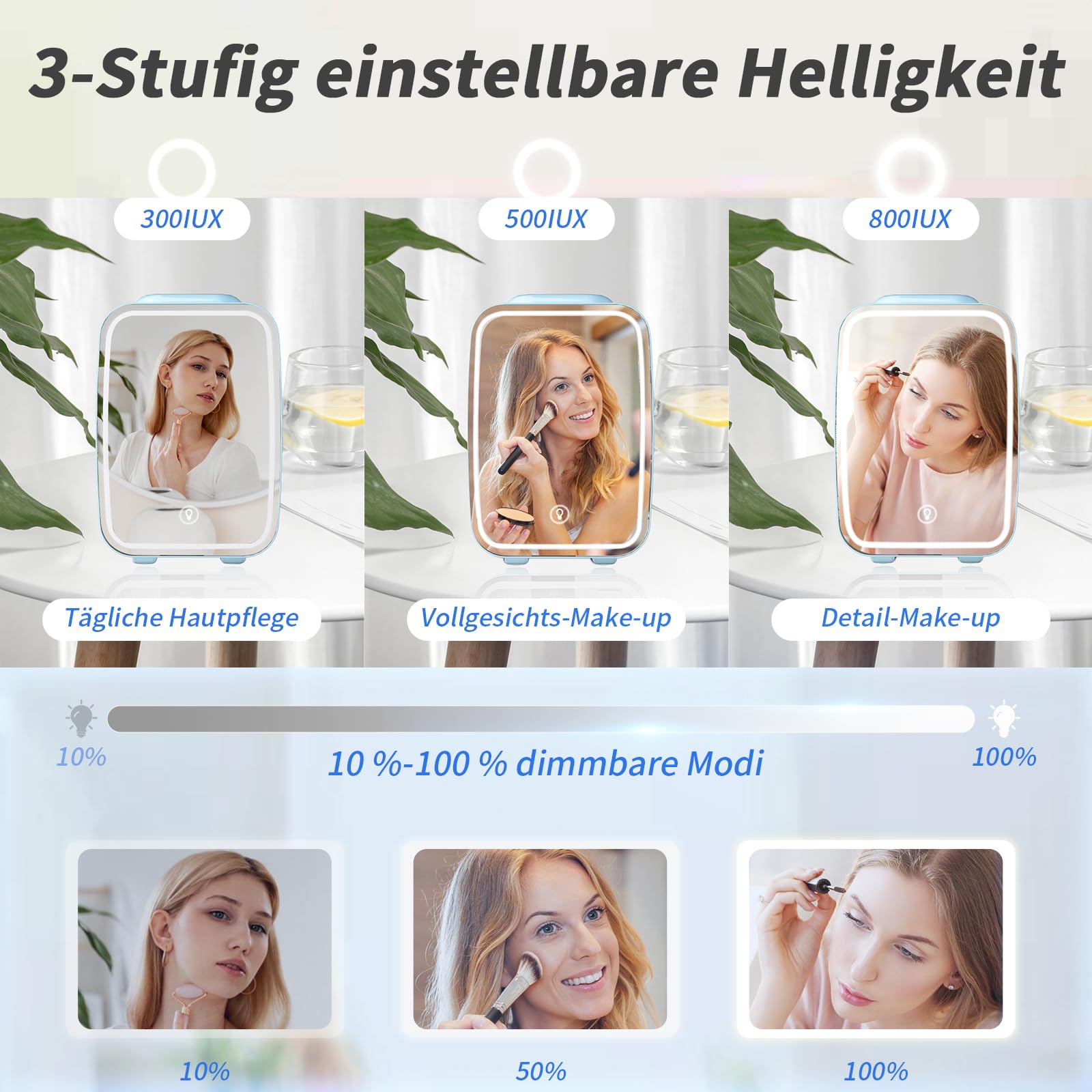 YASHE Mini Kühlschrank, Skincare-Kühlschrank mit LED-Lichtspiegel, 4-Liter-Kleinkühlschrank tragbar, 220V AC / 12V DC Thermoelektrische Heizung und Kühlung für Auto, Büro, Wohnheim (Blau)