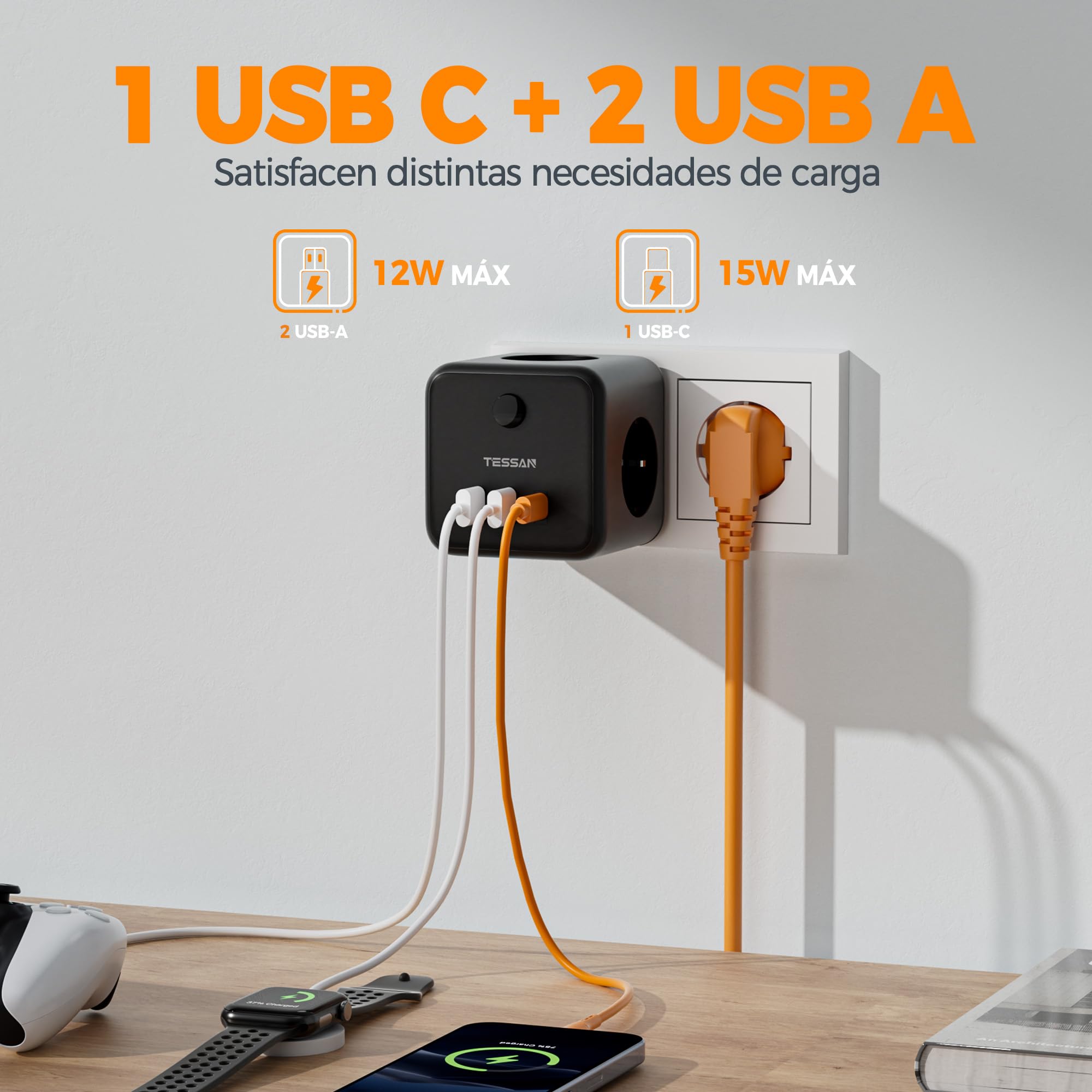 Opbouw stopcontact BAR, 2 stopcontacten, 1 x USB-A, 1 x USB-C, 1 x RJ45, 1 x HDMI, zwart