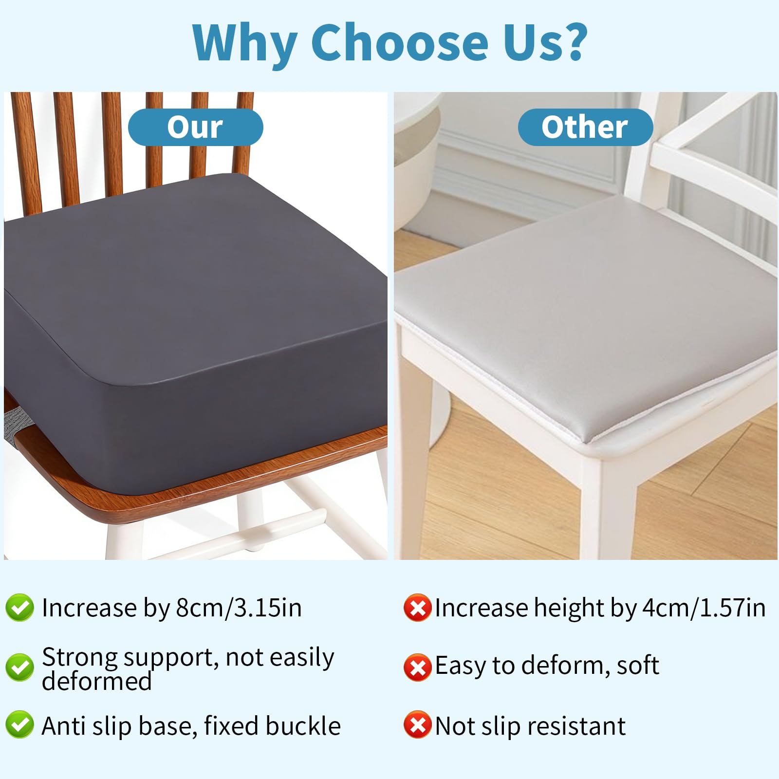 Alzador de Asiento para Niños 8cm, con 2 Correas de Seguridad Antideslizantes, Funda Lavable Extraíble y Portátil de Espuma de Alta Densidad, para Comer, Tocar el Piano, Viajar (Gris) — view 5