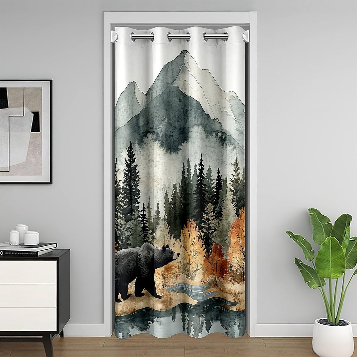 Castle Fairy Wild Bear Door Curtain Jungle Tree Silhouette Doorway Curtain for Closet Door Farmhouse Rustic Darkening Blackout Curtain Natural Mountain Lake Door Drape for Hallway 42" W X 80" L