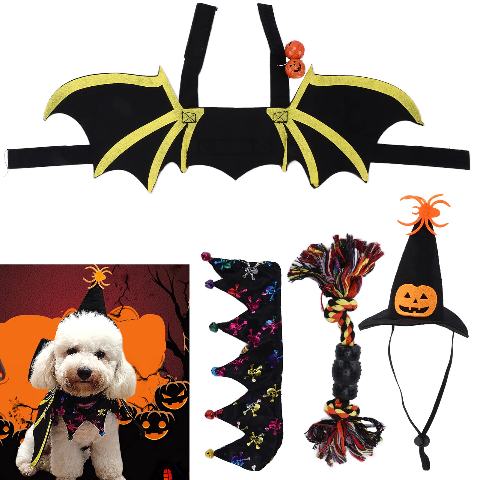 4 pezzi Set di costumi per animali domestici a forma di pipistrello per Halloween, accessori in feltro nero per vestire cani e gatti con campanelle a forma di zucca per la decorazi (l)