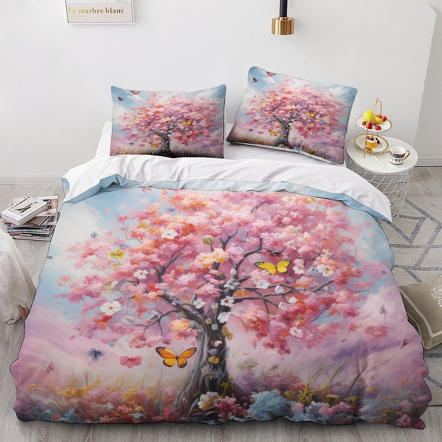 Parure de lit 200x200 papillon et fleur en microfibre douce avec 2 taies d'oreiller