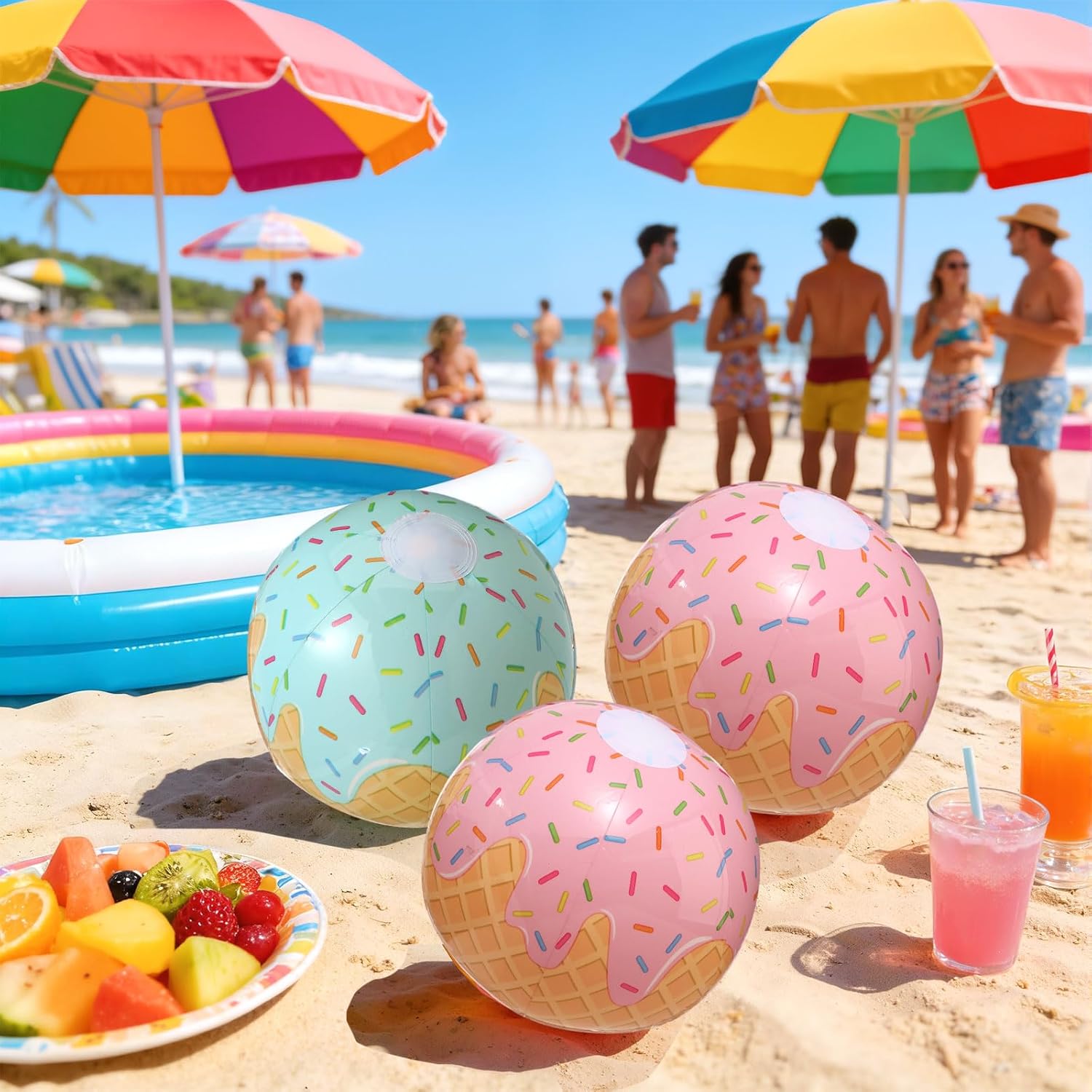 Arrowbash 12 Pack Ice Cream Themed Beach Ball 7.87" Bulk for Summer Pool and Beach Game Gifts and Birthday Party Supplies Decorations Favor