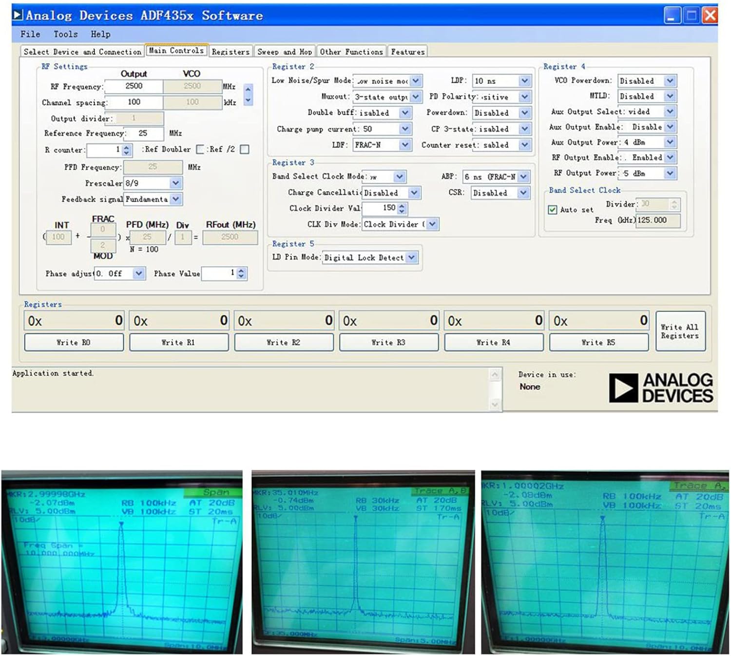 Screenshot of the Analog Devices ADF435x Software interface, showing various controls for RF settings, output, VCO, and registers.
