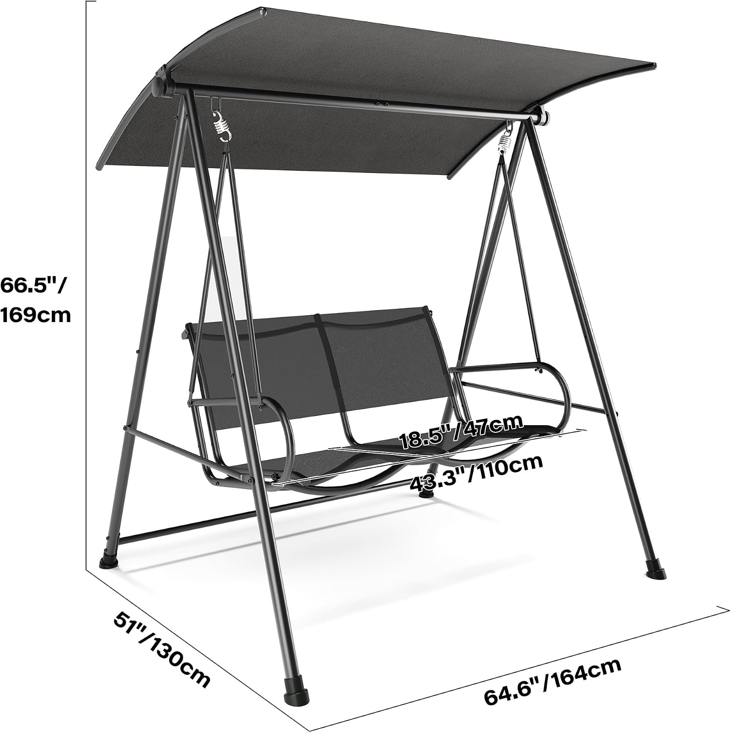 LAUSAINT HOME 3-Seat Outdoor Patio Swing Chair with Adjustable Arc Canopy, Porch Swing Sets with Sturdy Steel Stand and Breathable Fabric for Backyard, Garden, Balcony (Black)